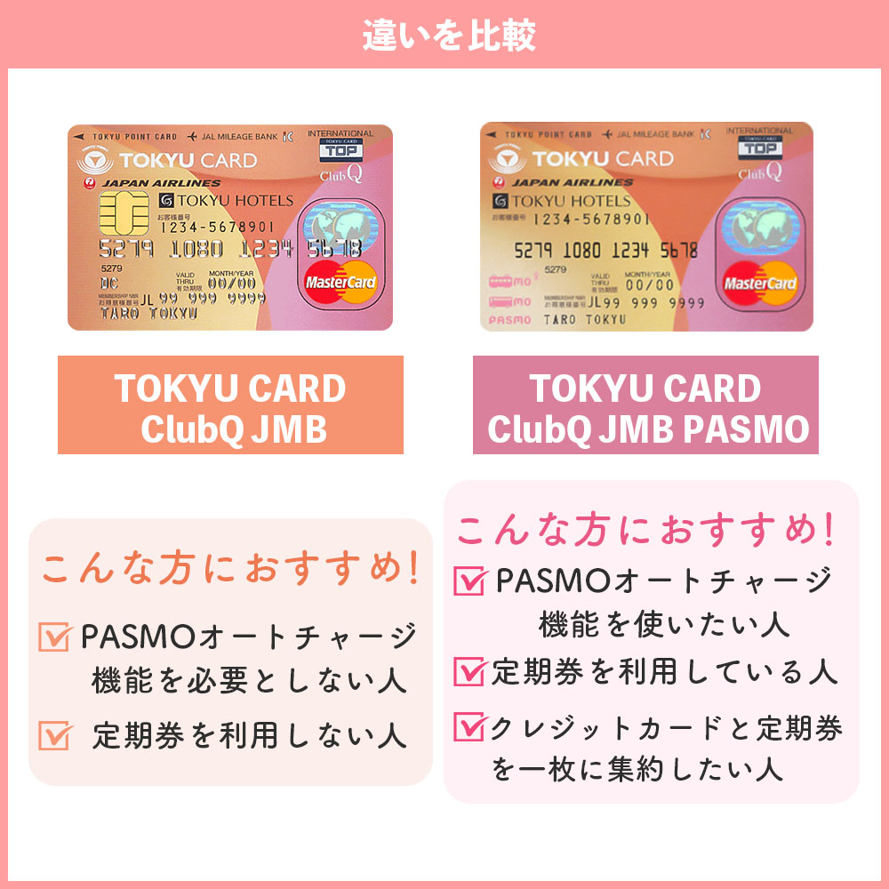 通常のTOKYU CARD ClubQ JMBとTOKYU CARD ClubQ JMB PASMOの違いを比較